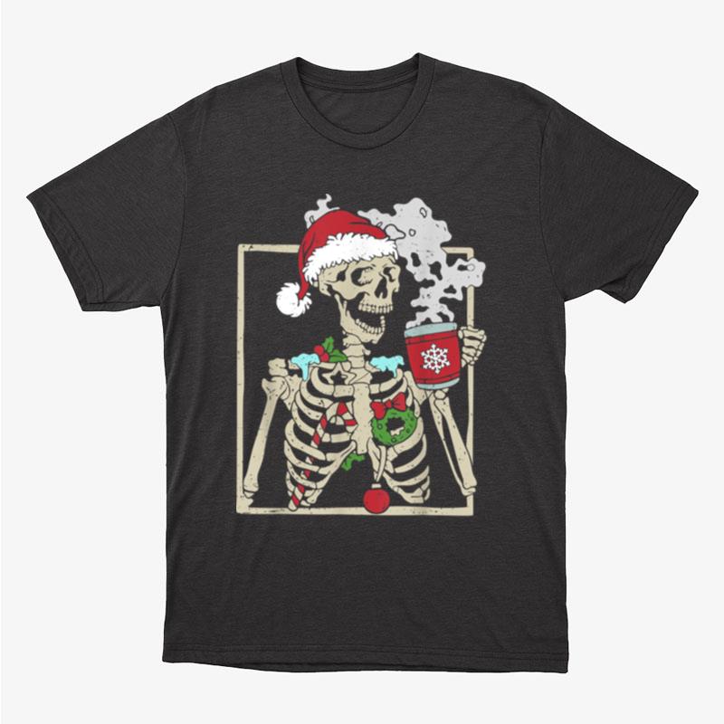 Christmas Skeleton With Smiling Skull Drinking Coffee Latte Unisex T-Shirt Hoodie Sweatshirt
