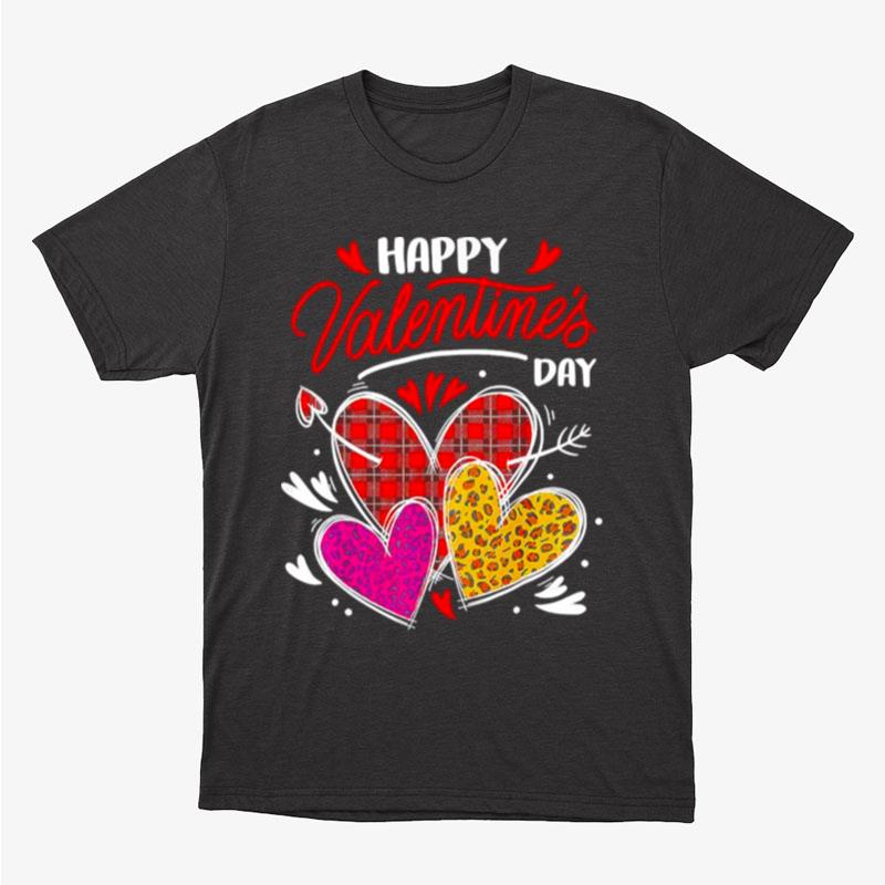 Happy Valentine's Day Three Leopard And Plaid Hearts Girls Unisex T-Shirt Hoodie Sweatshirt