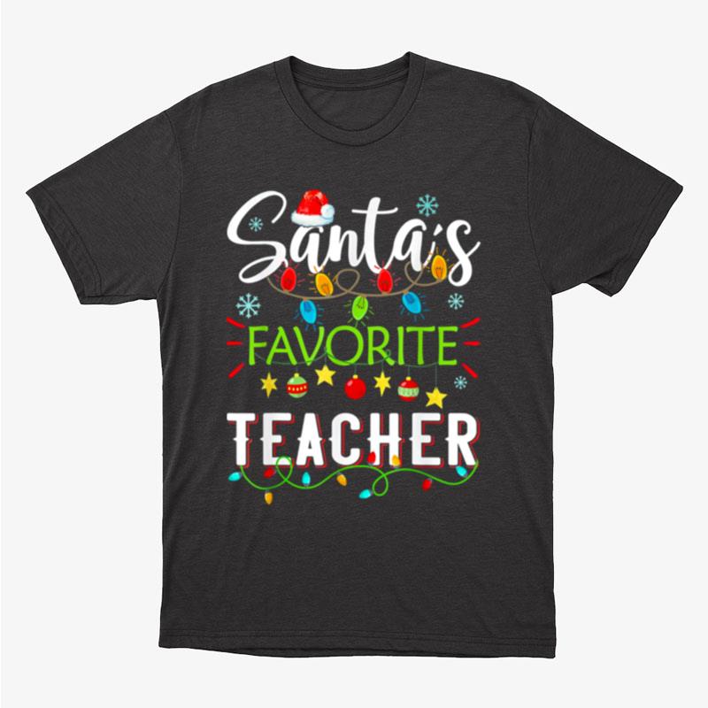 Santa's Favorite Teacher Christmas Santa Hat Light Unisex T-Shirt Hoodie Sweatshirt