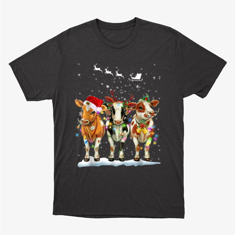 Cow Reindeer Hat Santa Christmas Light Funny Cow Christmas Unisex T-Shirt Hoodie Sweatshirt