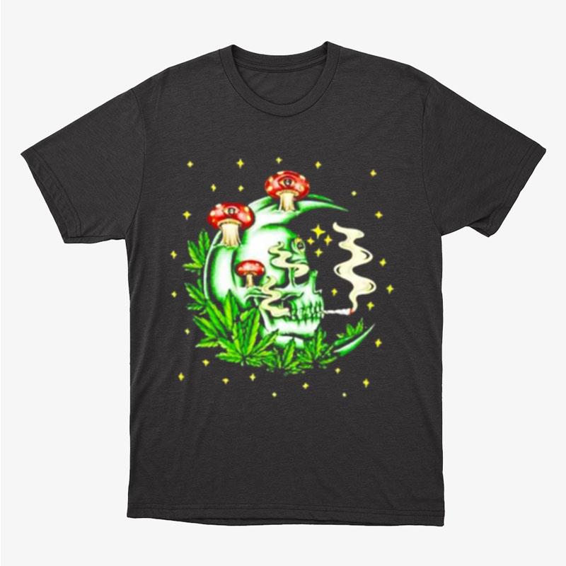 Smoking Skull Moon Mushroom And Weed Unisex T-Shirt Hoodie Sweatshirt