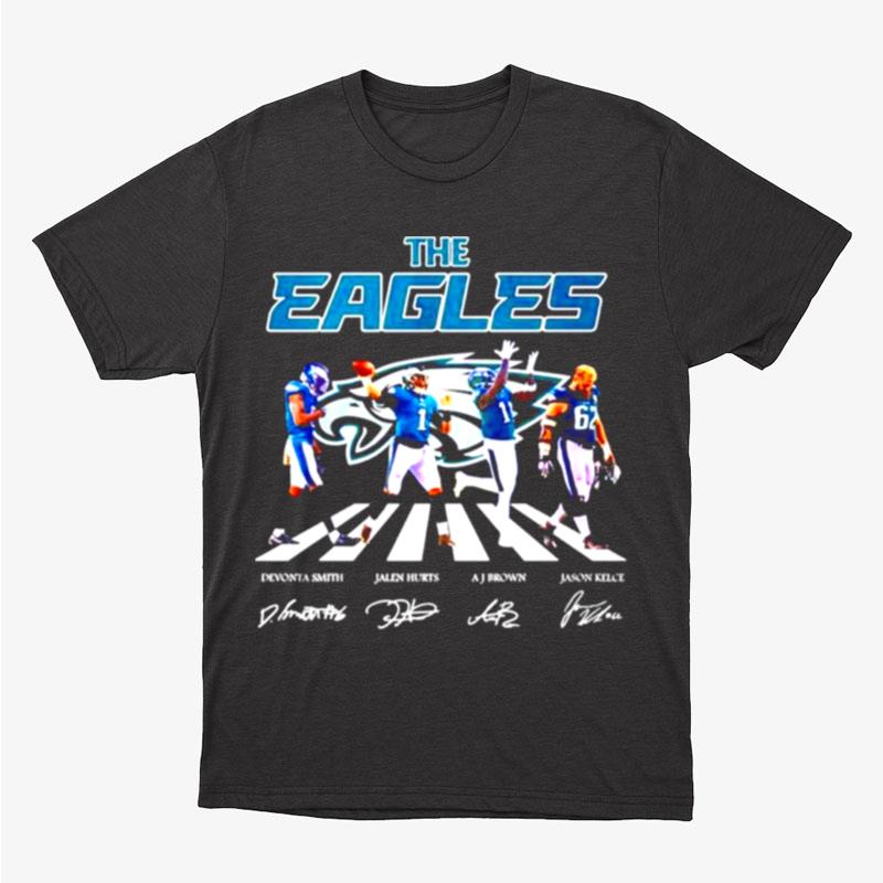 The Eagles Devonta Smith Jalen Hurts Aj Brown And Jason Kelce Abbey Road Signature Unisex T-Shirt Hoodie Sweatshirt