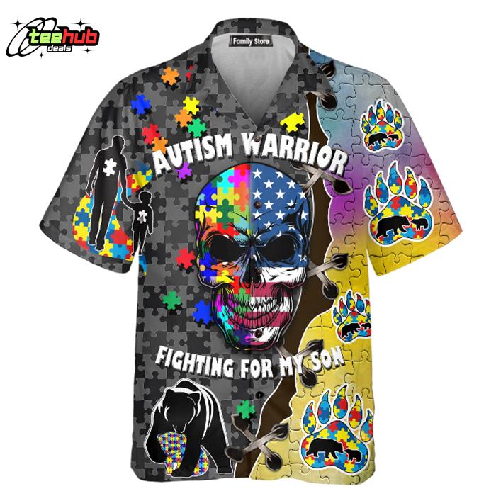 Autism Warrior Fighting For My Son Skull Colorful Puzzle Aloha Hawaiian Shirt