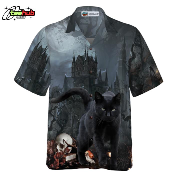 Black Cat In Spooky Halloween Hawaiian Shirt