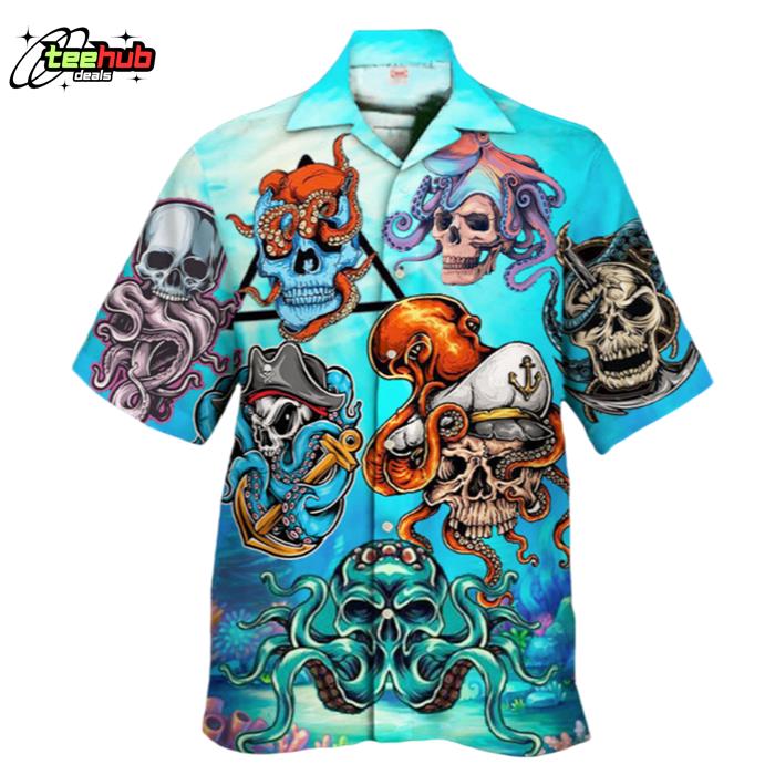 Bright Blue Mysterious Sea Pirate Skull And Octopus Hawaiian Shirt