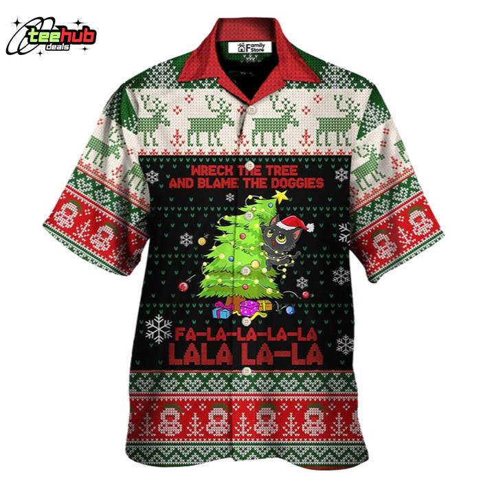 Cat Wreck The Tree Christmas Tree Light Funny Ugly Style Hawaiian Shirt