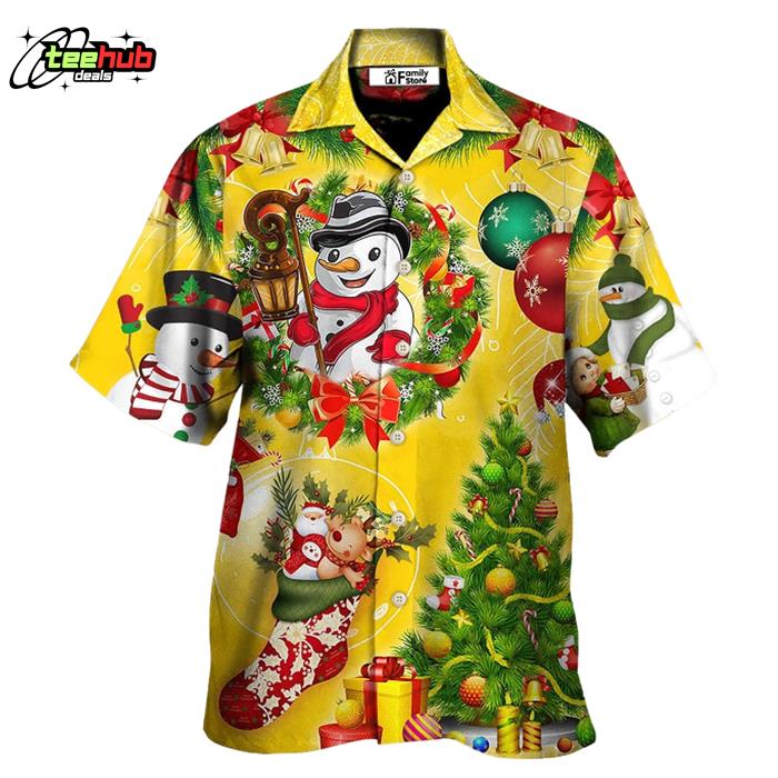 Christmas Funny Snowman Happy Christmas Tree Yellow Light Hawaiian Shirt