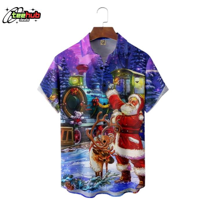 Christmas Santa Claus Reindeer And Train Hawaiian Shirt