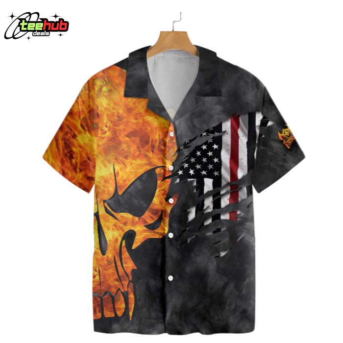 Firefighter And Flame Skull American Flag Hawaiian Shirt