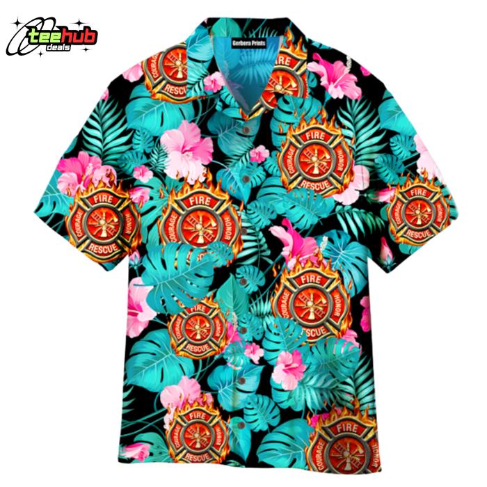 Firefighter Hibiscus Flower Hawaiian Shirt
