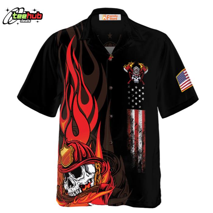 Firefighter Skull Flame Black American Flag Hawaiian Shirt