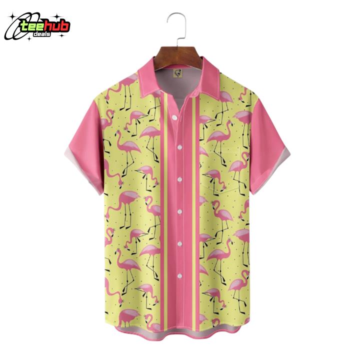 Flamingo Pattern Yellow Lines Hawaiian Shirt