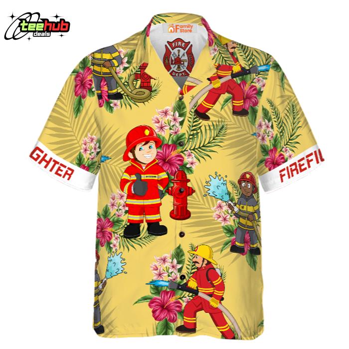 Graphic Proud Cream Tropical Floral Firefighter Hawaiian Shirt