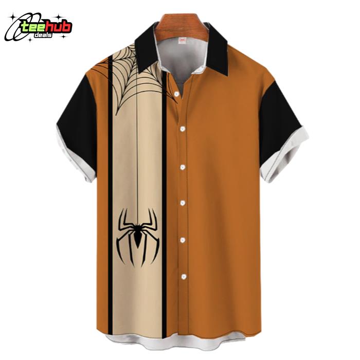 Halloween Element Khaki Spider And Cobweb Hawaiian Shirt