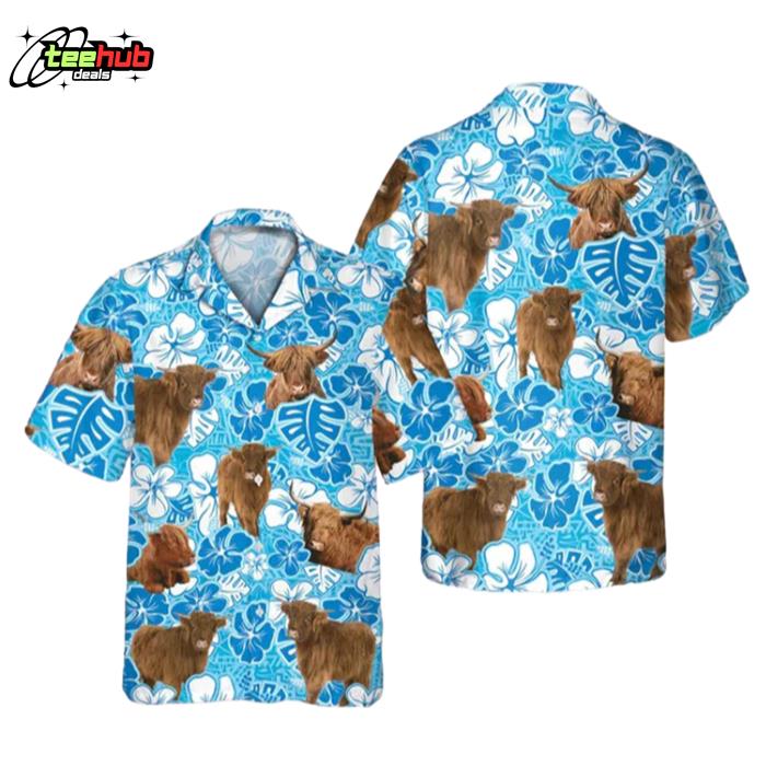 Highland Cow Blue Floral Hawaiian Shirt