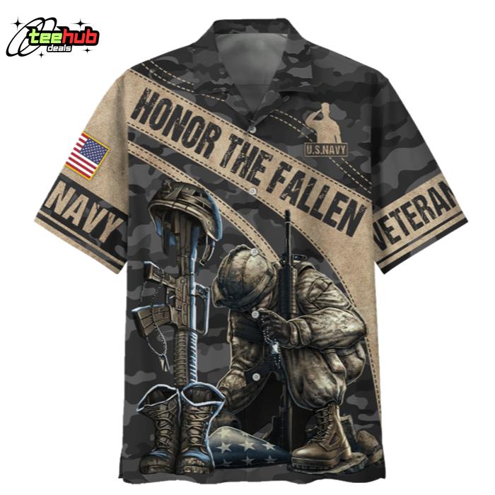 Honor The Fallen Kneeling Soldier And Gun U.S Navy Veteran Hawaiian Shirt