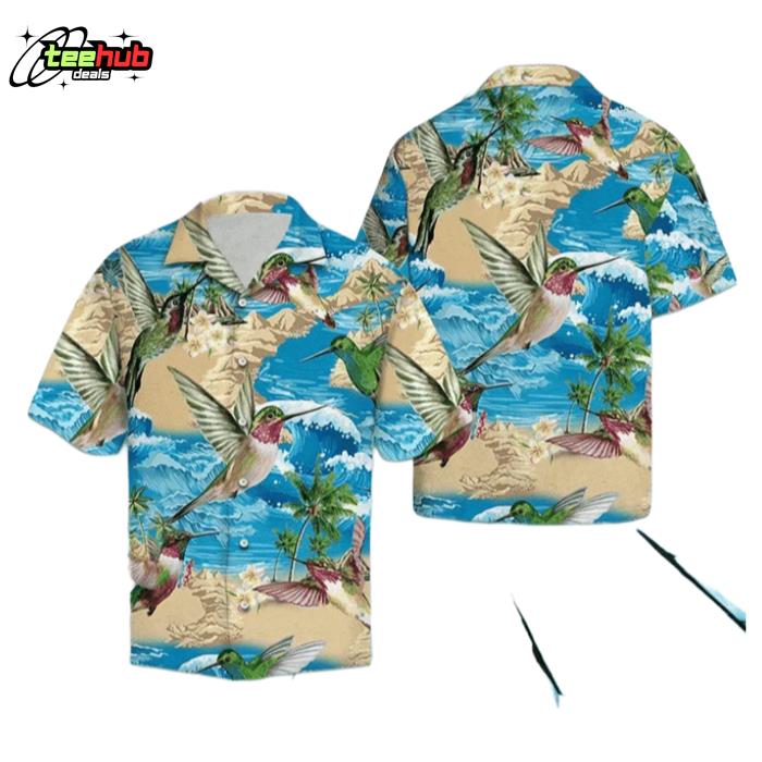 Hummingbird On Beach Summer Blue Wave Pattern Hawaiian Shirt