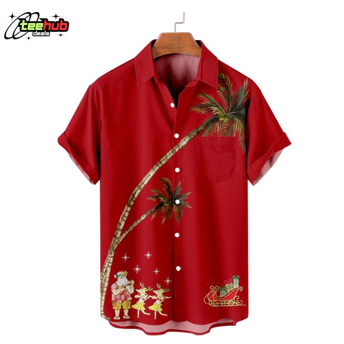 Merry Christmas Santa And Reindeer Red Hawaiian Shirt