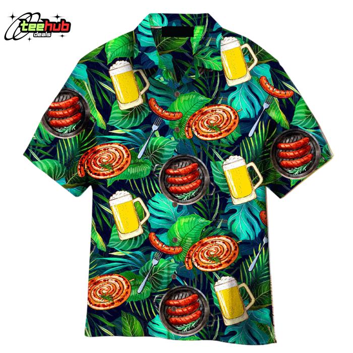 Oktoberfest Sausages And Beer Big Set Of Barbeque Party Food Palm Hawaiian Shirt
