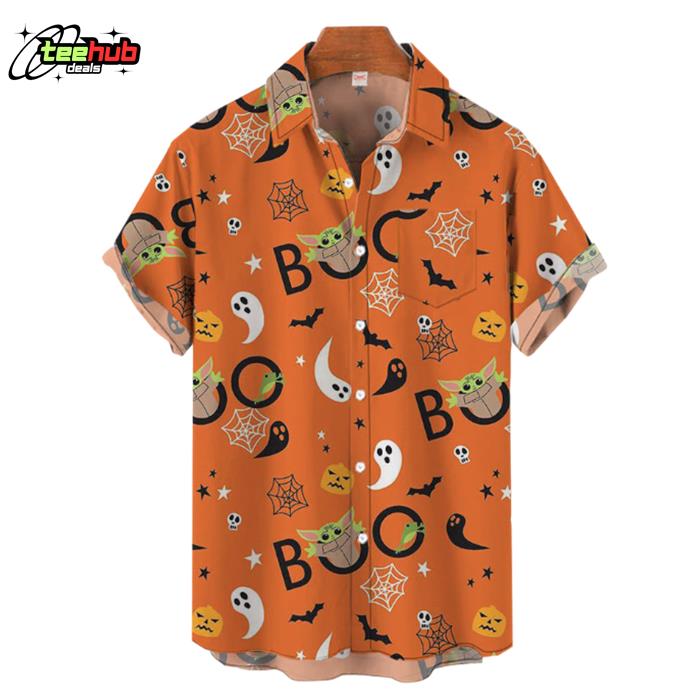 Orange Happy Halloween Funny Ghosts And Bats Hawaiian Shirt