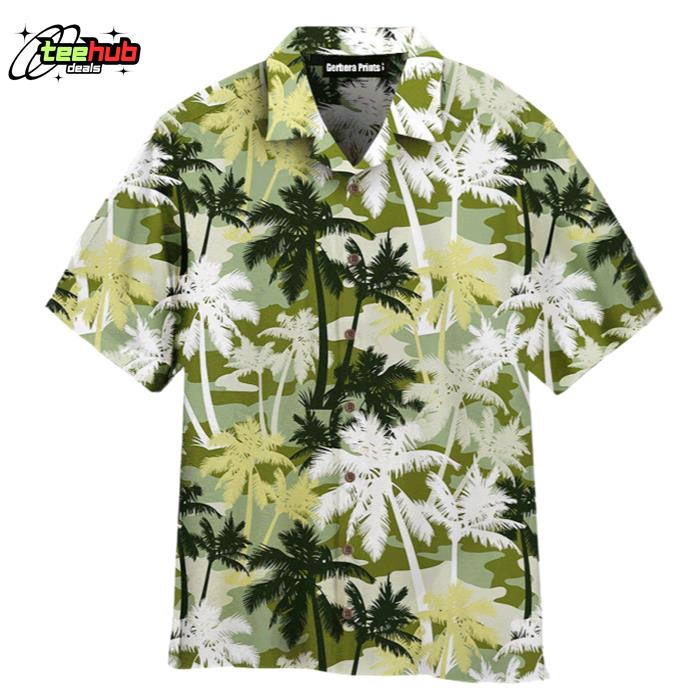 Palm Tree Silhouettes On Camouflage Pattern White And Gray Hawaiian Shirt