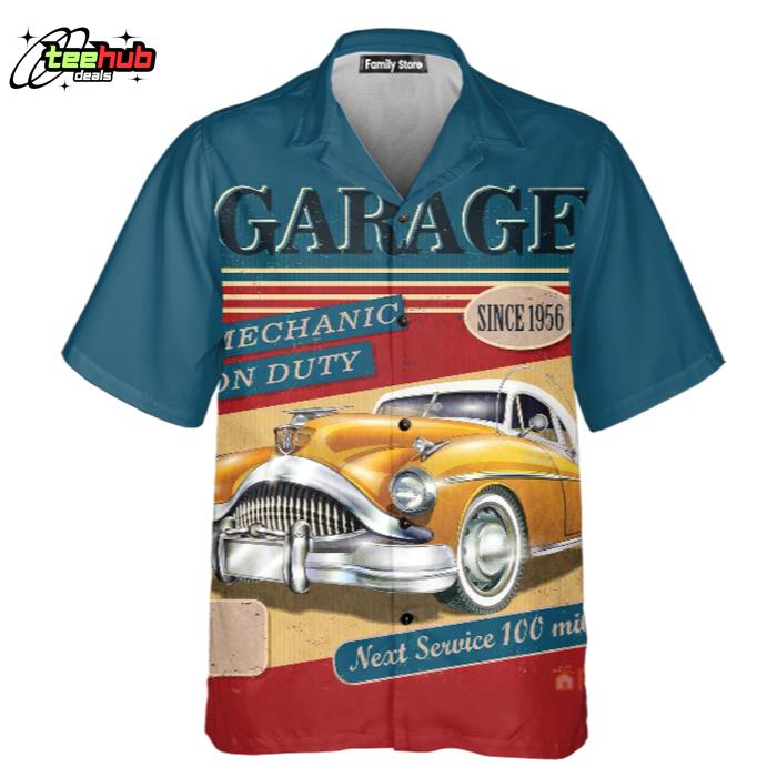 Retro Contrast Color Stitching Garage Car Vintage Hawaiian Shirt