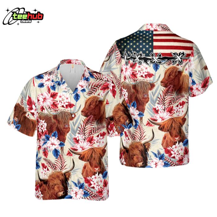 Unique Highland Cattle American Flag Flowers All Over Printed 3D Hawaiian Shirt